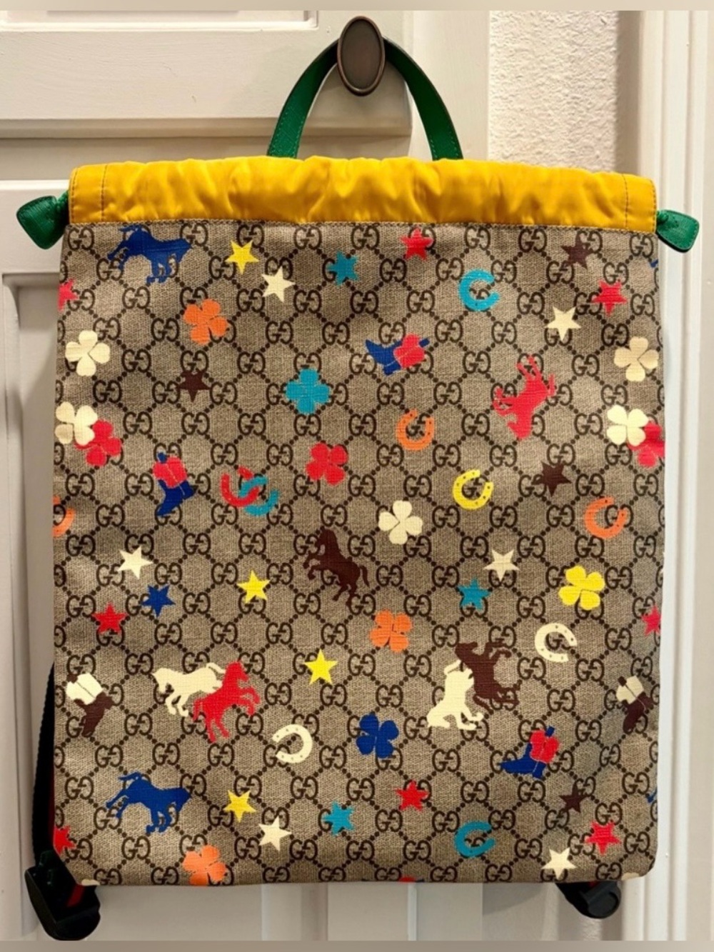 EUC! GUCCI Kids Beige GG Canvas Backpack with Yellow Trim & Multicolor Icons🐴⭐️